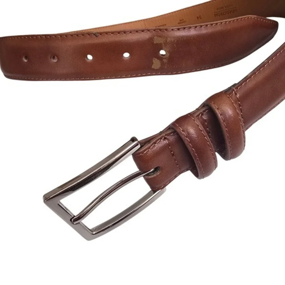 Nordstrom Mens Shop Leather Belt Size 34 Silver Buckle‎ Brown Casual Dress